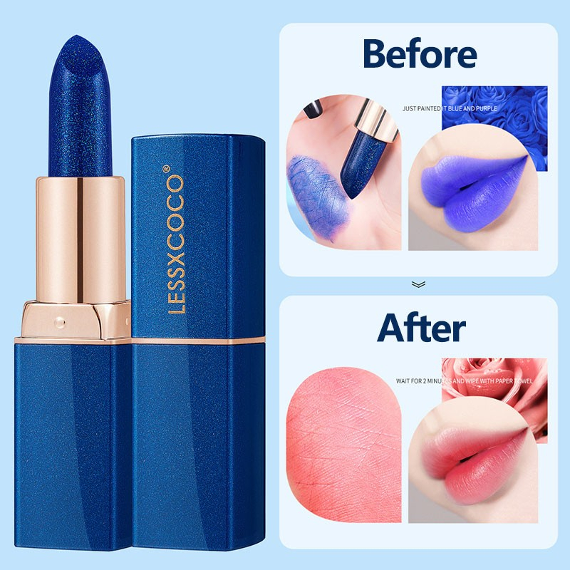 LIPSTIK LESSXCOCO Pelembab Warna Berubah Tahan Air, Lipstik Biru