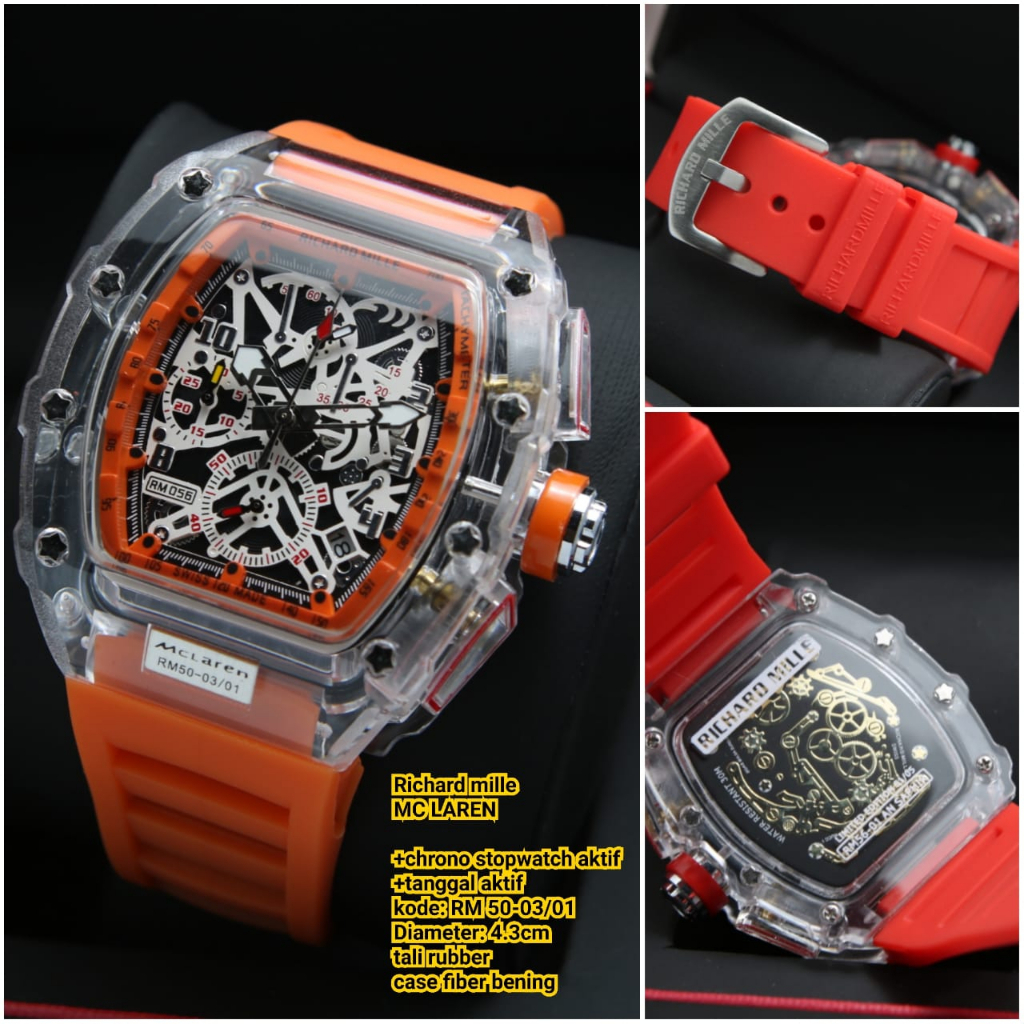 JAM TANGAN RM PRIA L160 TALI RUBBER CHRONO AKTIF BODY TRANSPARAN DM 4.2CM FREE BOX &amp; BATERAI || JAM TANGAN FASHION RM PRIA