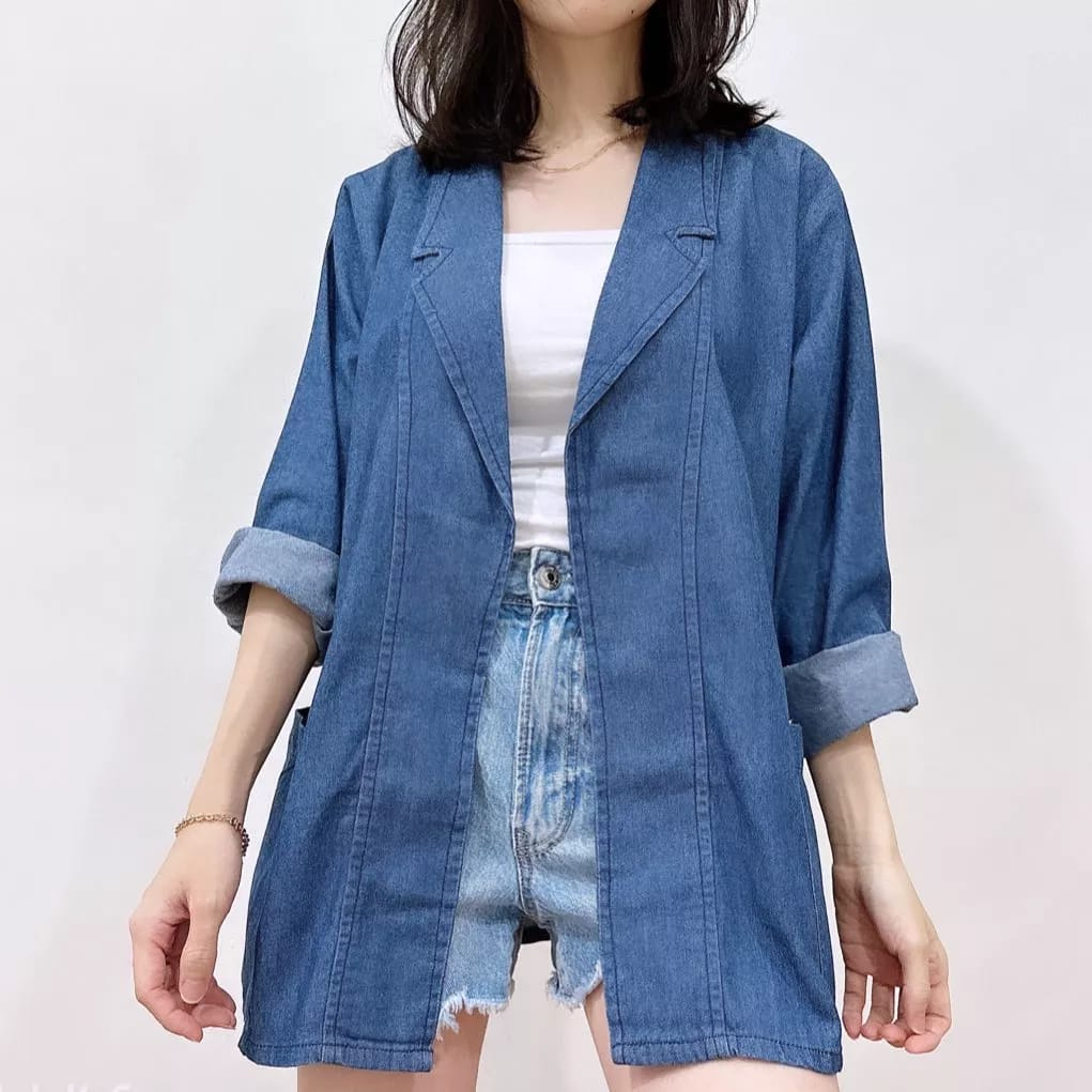LO0 MBO BLAZER WANITA LENGAN PANJANG BAHAN DENIM JEANS PREMIUM OUTER KANTOR OOTD ATASAN LUARAN