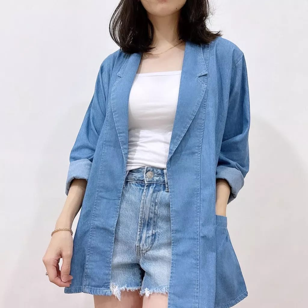 POI MBO BLAZER WANITA LENGAN PANJANG BAHAN DENIM JEANS PREMIUM OUTER KANTOR OOTD ATASAN LUARAN