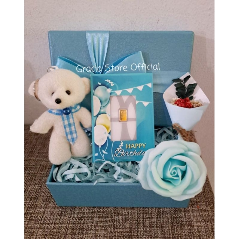 GIFT BOX EDISI HAPPY BIRTHDAY NUANSA BLUE HAMPERS LOGAM MULIA ANTAM 0,5 GR