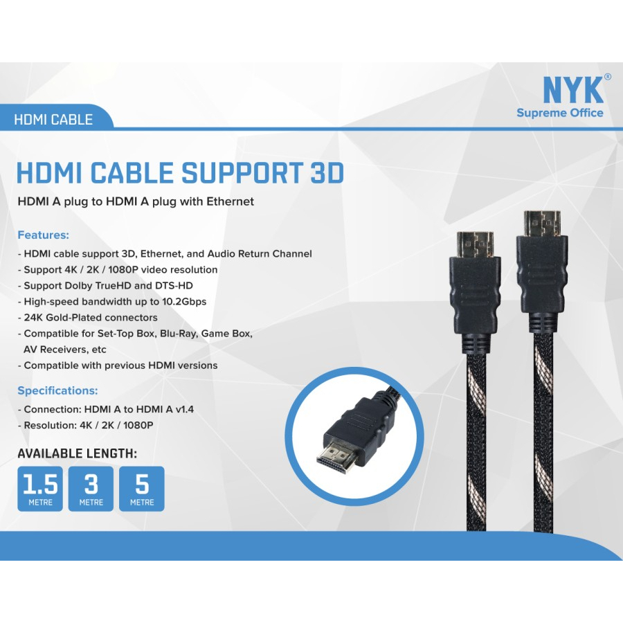 NYK Kabel HDMI 3D 1,5Meter Jaring 19+1 Ethernet 4K 1080p