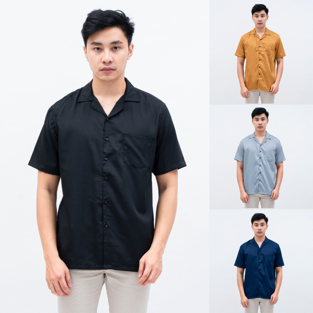 Kemeja Bowling Shirt V Neck Pria Lengan Pendek Kameja Hawai Katun Toyobo Polos Slim fit Pria Keren