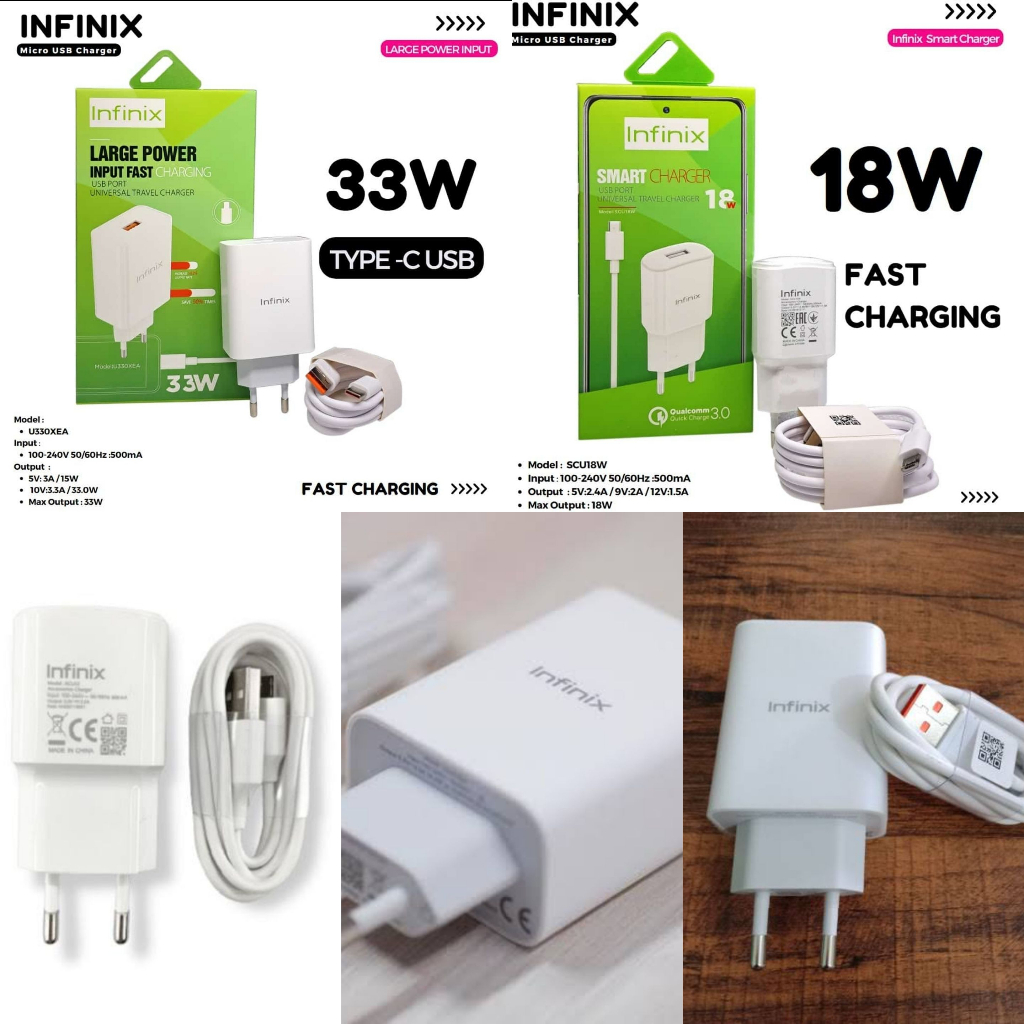 33W 18W ORI 100% TC Travel Charger Fast Charging SUPER TYPE C / Micro USB INFINIX HOT 30 30I 20 5G 20S 20I 12 12i 12 Pro 12Play 11 11S NFC 11Play 10 10s 9 Play 8 7 Pro Chargeran HP Support TypeC Original Persen an 2.0 A 2A 3A Ampere 18 Watt W Bagus 4G 33