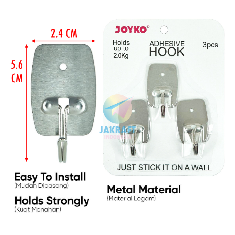 (3 Pcs) Gantungan Hook Baju Tempel Dinding Pintu JOYKO ADHK-3030 Besi Kuat Hingga 2 Kg