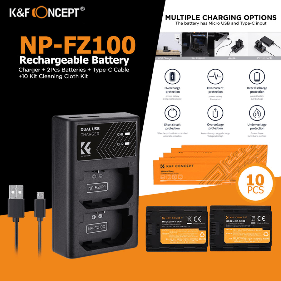 KNF Concept Battery Sony NP-FZ100 2-Pack + Dual Charger + Clean Cloth