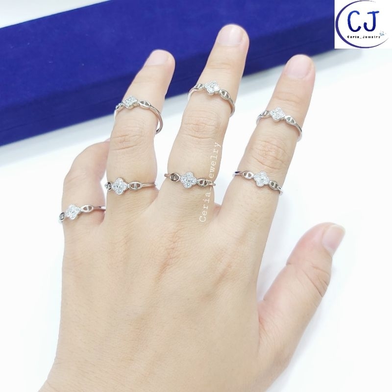 Cincin Perak Asli Silver 925 Lapis Emas Putih Model Van Cleef Permata Putih - Perhiasan Perak Asli