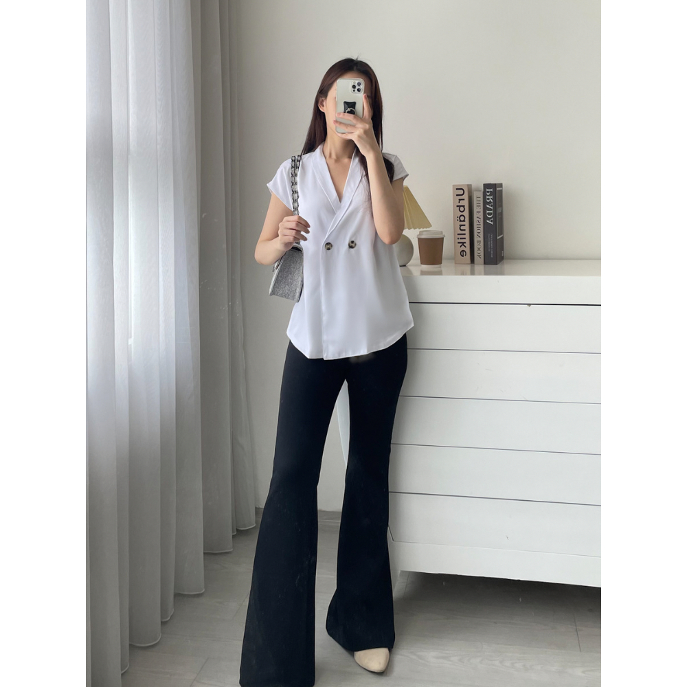 Kadaka T-0289 Top V Neck Blouse Wanita Detail Kancing