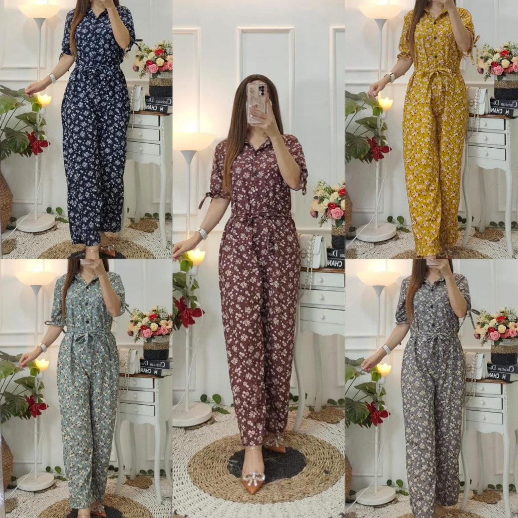 Jumpsuit Tali Kancing Depan Serut Lengan