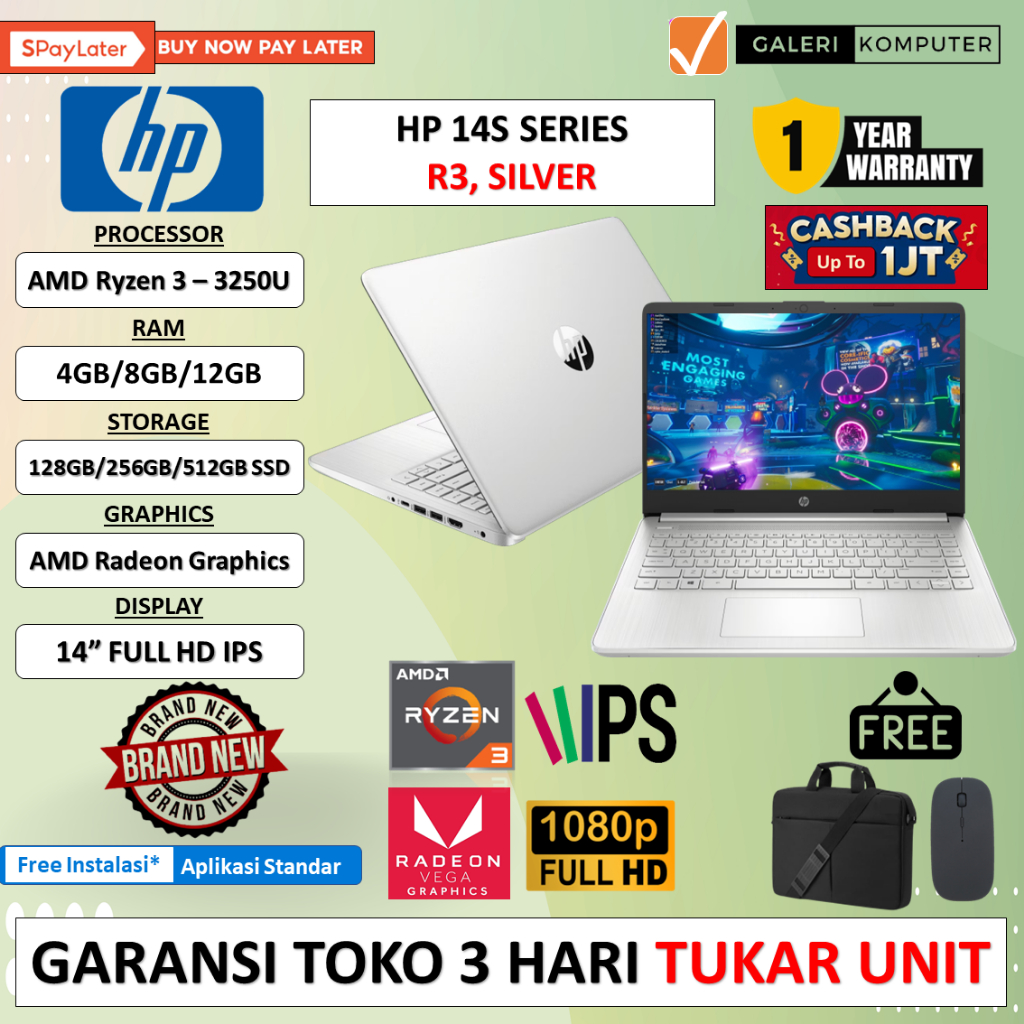 LAPTOP GAMING MURAH HP 14 AMD RYZEN 3 - 3250U 12GB 512GB IPS WINOME 11 HOME TERLARIS