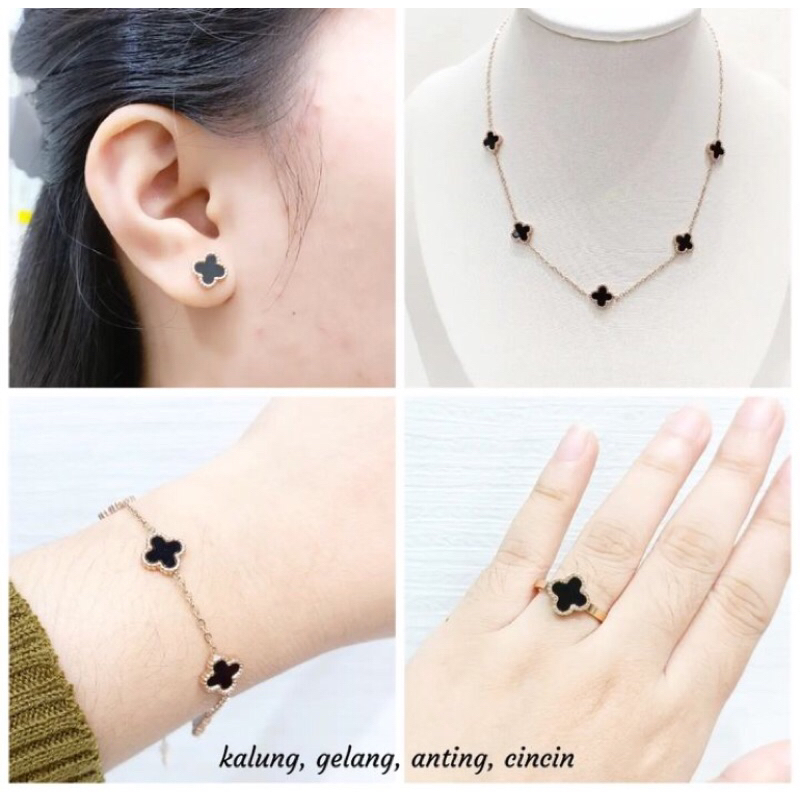 Set kalung gelang cincin anting bunga hitam titanium asli fashion vintage