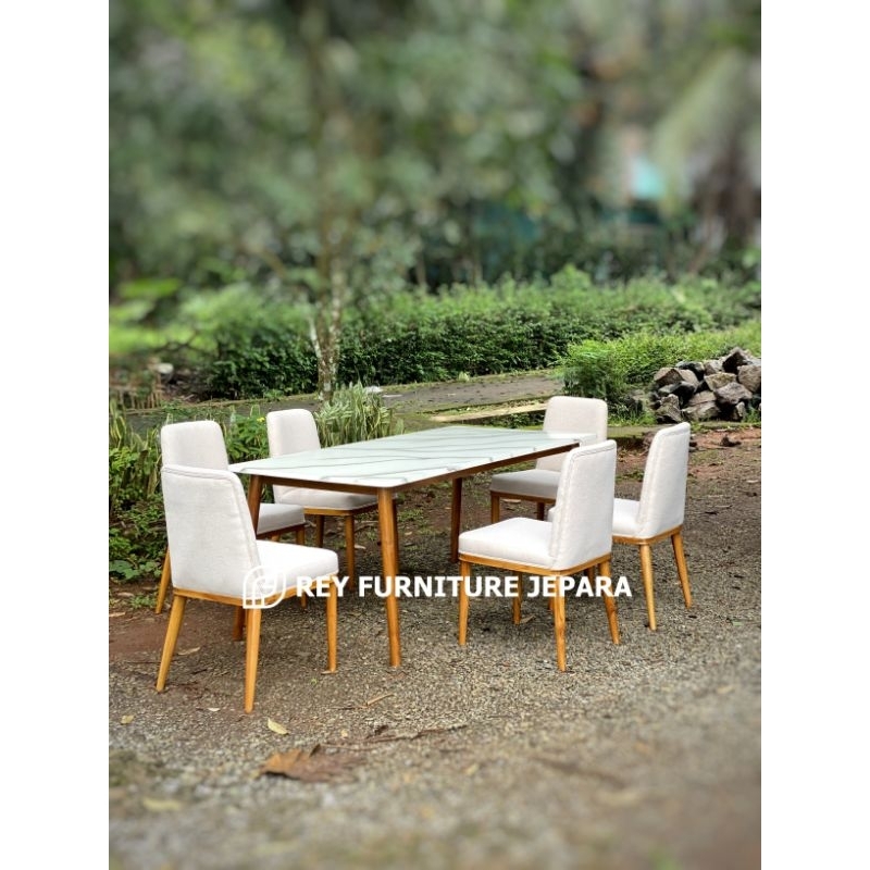 SET MEJA MAKAN MINIMALIS CAT MOTIF MARMER 6 KURSI KAYU JATI, SET KURSI MAKAN MINIMALIS 6 KURSI CAT D
