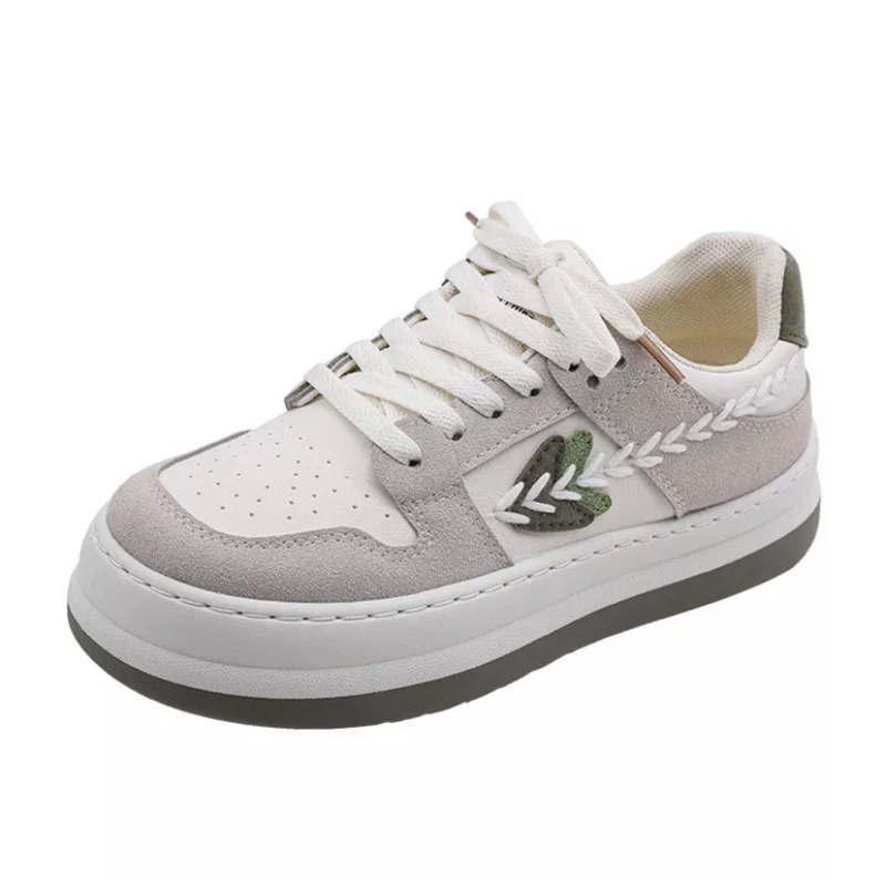 Sepatu sneakers Wanita korea lucu model terbaru sporty kasual leaf model putih sepatu putih unik LV0