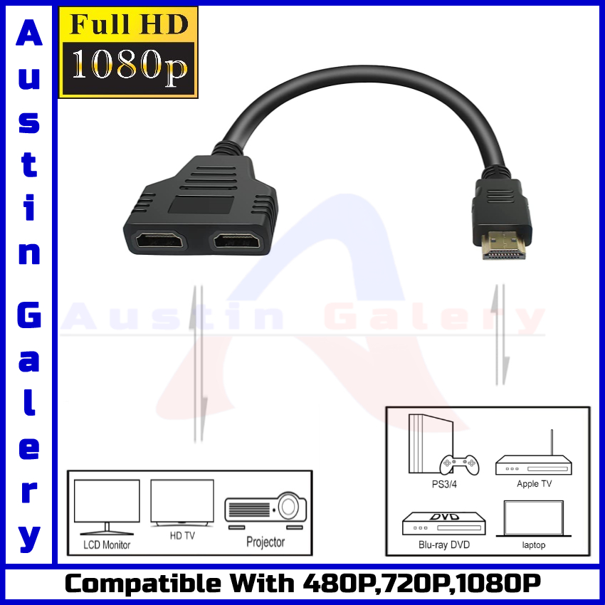 HDMI Splitter 2Port HD Male Input HD Female Output HD1080P For PC Laptop HDTV