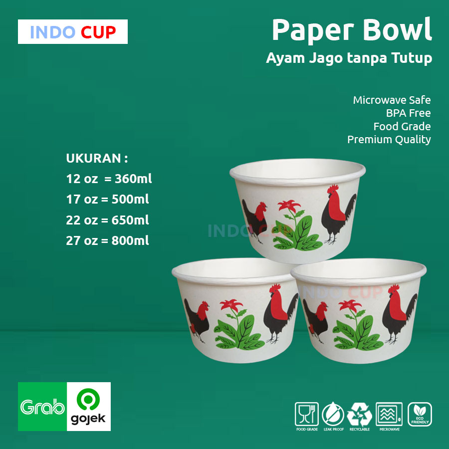 Paper  Bowl Mangkok Kertas Ayam Jago Tahan Panas Mie Bakso 360ml 500ml 650ml 800ml