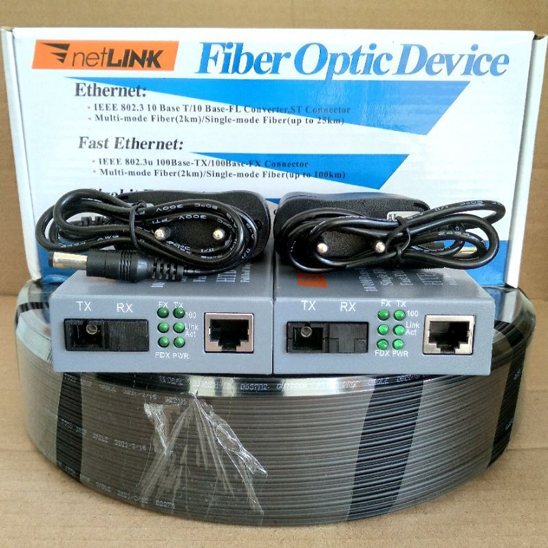 Paket kabel fiber optik 150M 3 seling dan sepasang converter netlink htb 3100 mode tinggal pakai