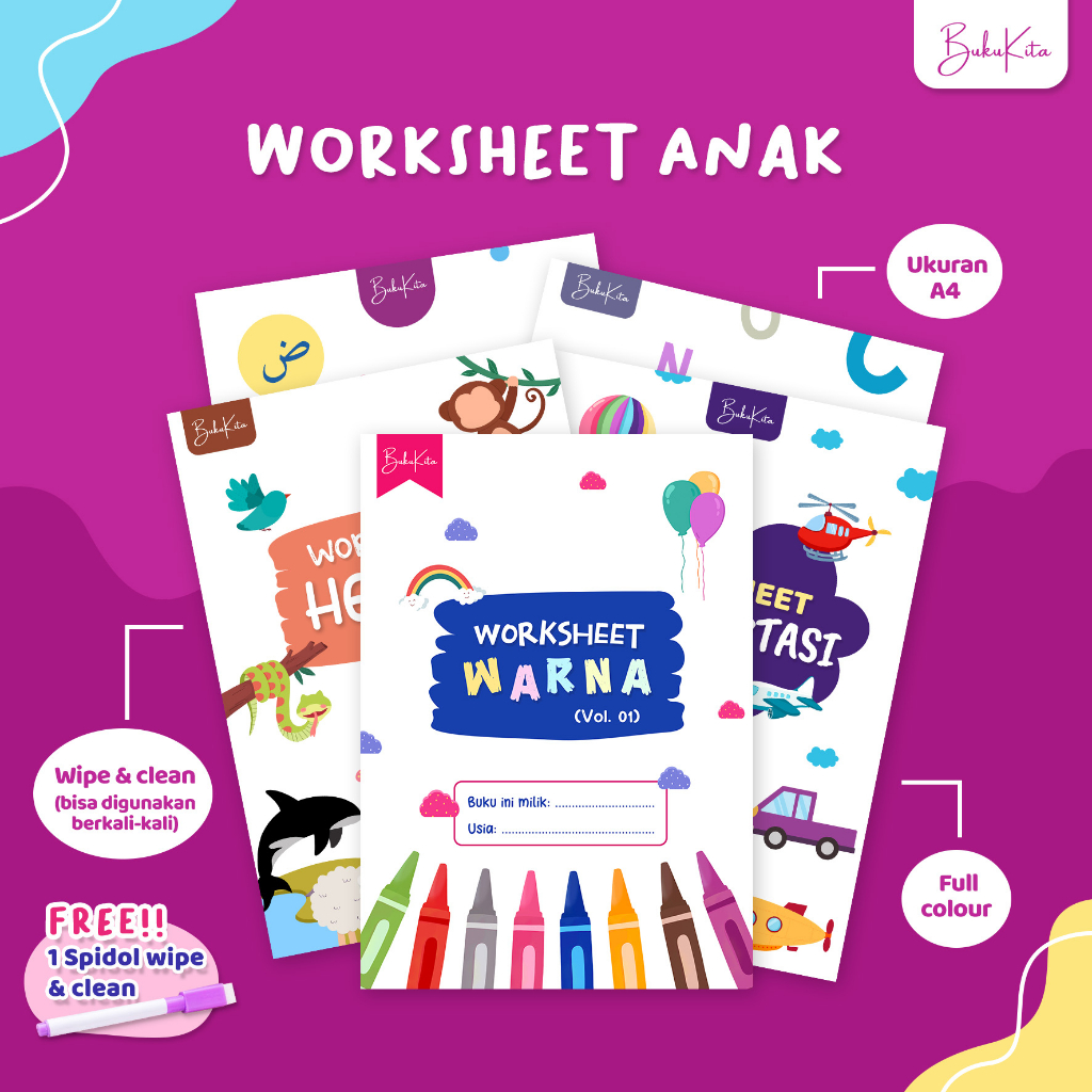 Worksheet Fisik tema Warna Color Anak PAUD TK SD 3 Bahasa Seri 1 Full Colour Indonesia Inggris Arab 