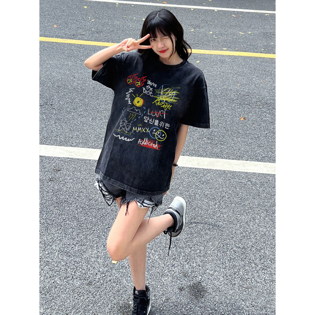 EUNII T-shirt Lengan Pendek Black Washed Cartoon Graffiti Printing Korean Style/Kaos Atasan Wanita/Baju Wanita/Kaos Wanita