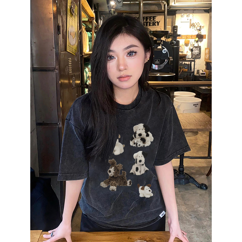 EUNII T-shirt Lengan Pendek Black Washed Cartoon Cow Dog Printing Korean Style/Kaos Atasan Wanita/Baju Wanita/Kaos Wanita