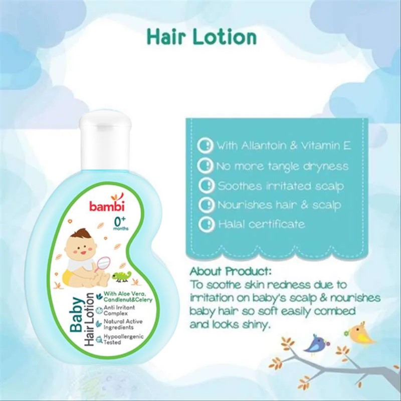 [BPOM] Bambi Baby Hair Lotion With Aloe Vera Candlenut &amp; Celery 100ml / Hair Lotion With Allantion &amp; Vitamin E / Bambi Hair Lotion / Vitamin Rambut Bayi / Minyak Rambut / Melembutkan &amp; Mengkilaukan Rambut Bayi / MY MOM