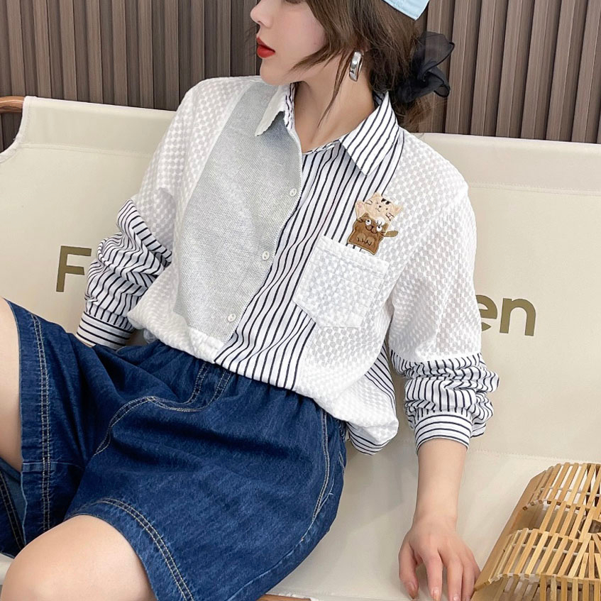 BLUS KEMEJA KATUN GARIS PUTIH HITAM PANEL BORDIR & RAJUT ABU IMPORT