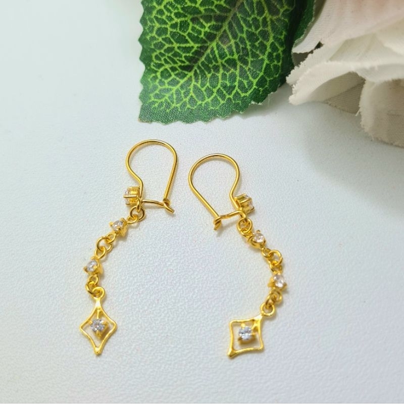 Anting Kait Emas Muda Bandul Wajik Panjang Mata Putih
