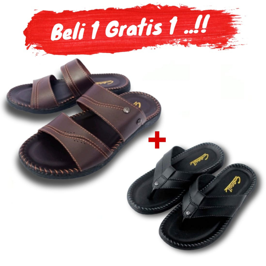 Sandal Slop Pria Sendal Slide Kulit Cowok Cewek Best Quality BELI 1 GRATIS 1