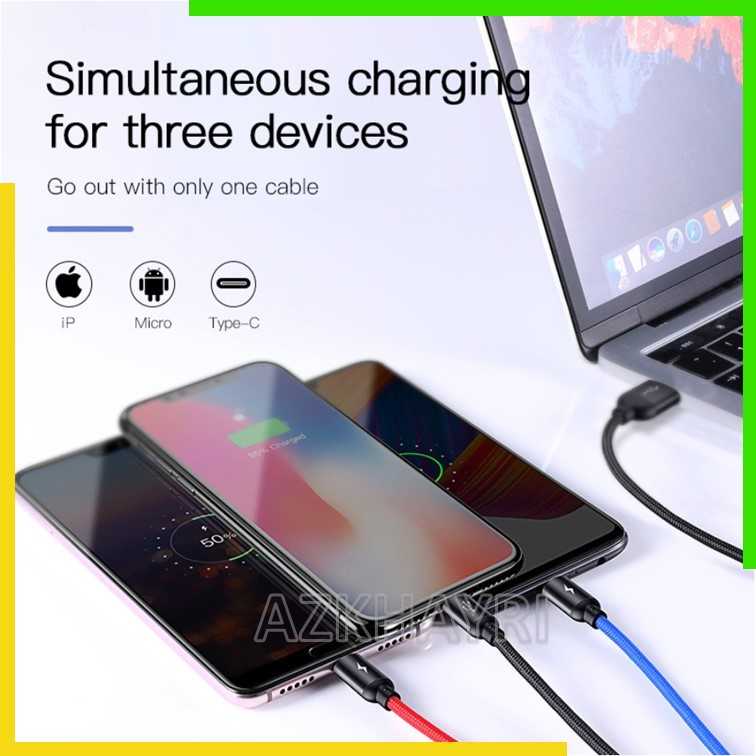 Baseus Kabel Charge Primary Color 3in1 Micro Lightning Type-C 3.5A 1.2 meter iPhone Android