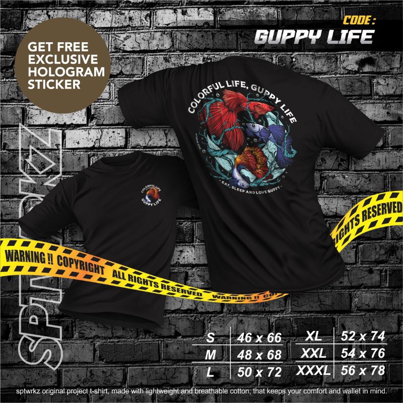 Kaos Ikan Guppy Life Cotton Combed 30S Adem Nyaman Sablon DTF Premium Free Sticker