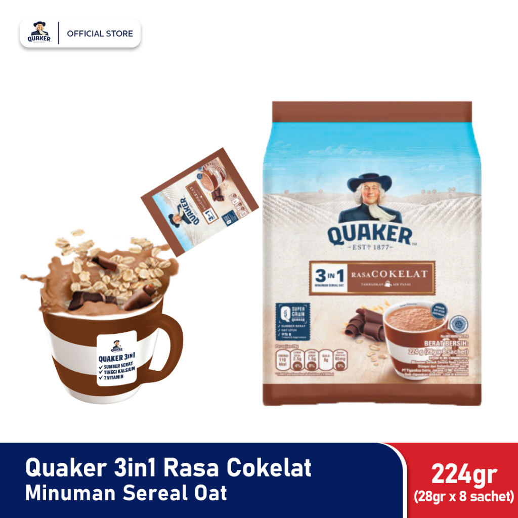 

Quaker 3in1 Chocolate Polybag 224g Minuman Sereal Oats (Isi 8 sachet)