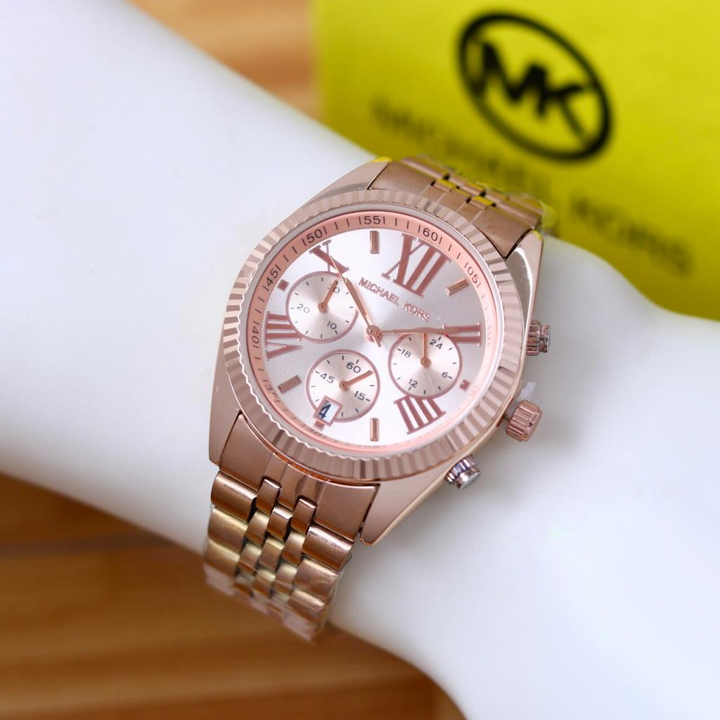 JAM TANGAN MK WANITA O160 TALI RANTAI CHRONO TANGGAL AKTIF DM 3.8CM FREE BOX &amp; BATERAI || JAM TANGAN FASHION MK WANITA