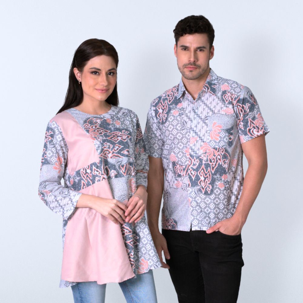 BATIK TRUSMI Set Couple Batik Blouse dan Hem Batik Mega Mendung Kombinasi Pastel Cocok Untuk Seragam
