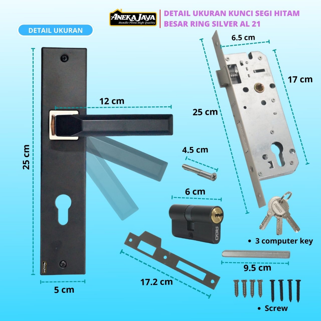 Kunci Set Handle 20 cm 25 Tanggung Besar - Hitam Ring Silver - Gagang Pintu Kamar Dan Utama