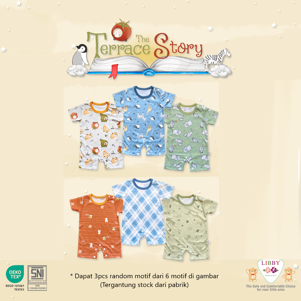 [TOMS] [BUNDLE HEMAT 3pc] LIBBY (3pcs) Romper Jumper Segiempat Baju Kodok Pendek Bayi MOTIF Terbaru Grosir PRINT