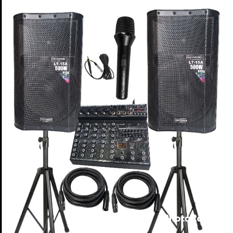 Paket Karaoke Speaker Aktif Recording Tech LT 15A Plus Mixer Elegant 6 Free 1 Mic Kabel  Paket Kompl