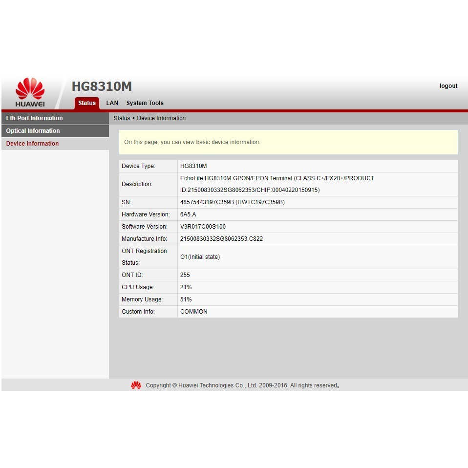 Huawei HG8310M XPON ONU | ONT 1x EPON/GPON 1x RJ45 1000Mb/s