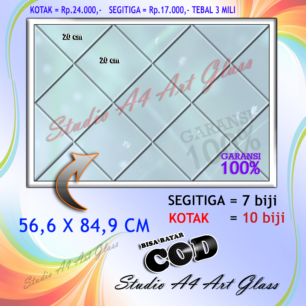 KACA CERMIN BEVEL CUSTOM 56,6 X  84,9 cm -Cermin Hiasan Dinding- Cermin Kaca-cermin hias-cermin beve
