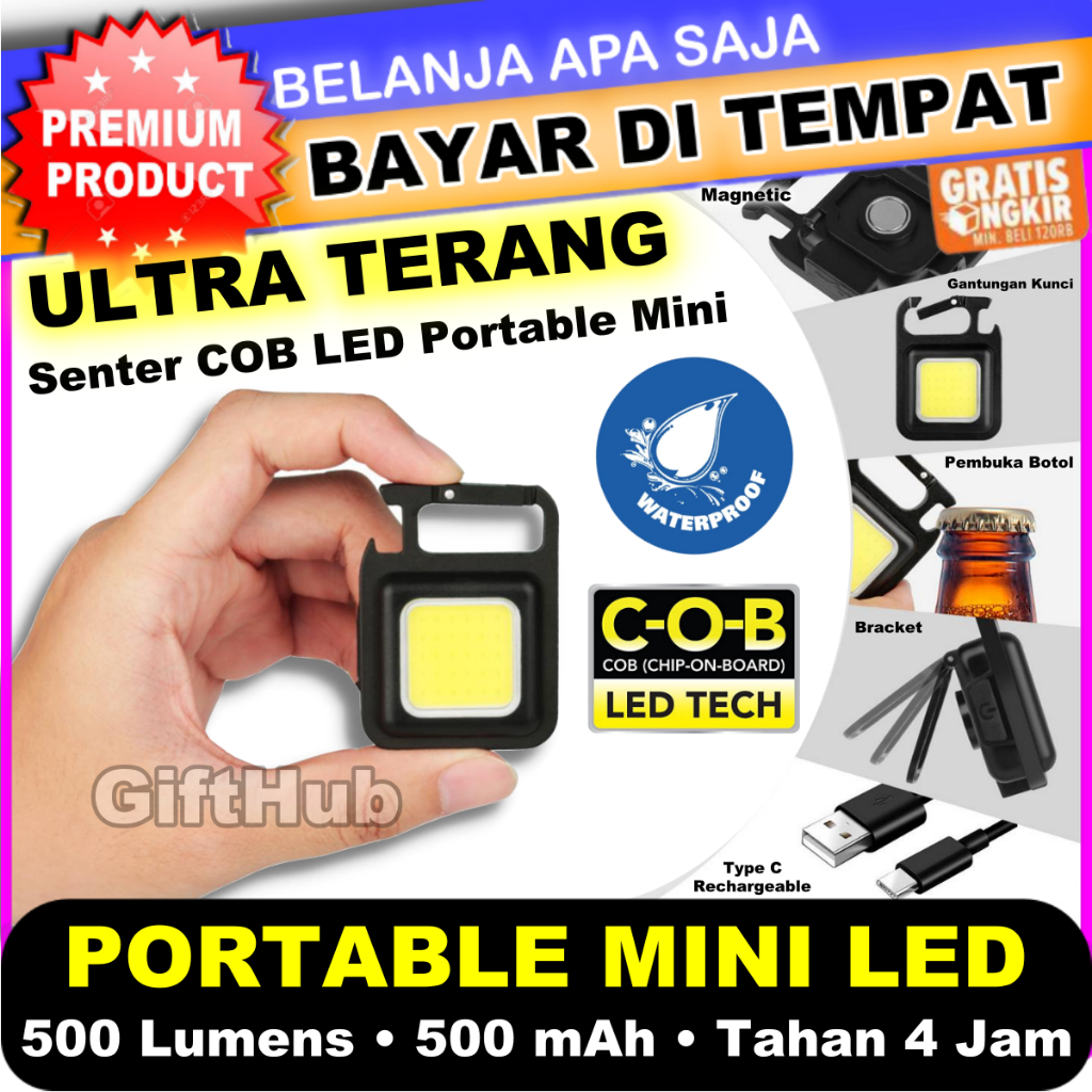 Portable Mini LED Light Keychain Magnetic 30pcs COB LED 500 Lumens 500 mAh Tahan 4 Jam Senter Kecil 