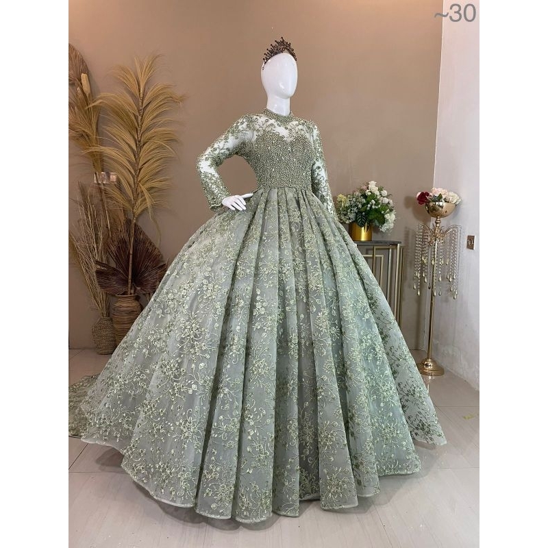 GAUN PENGANTIN BALGOWN WARNA PUTIH MUTIARA, SAGE MUTIARA