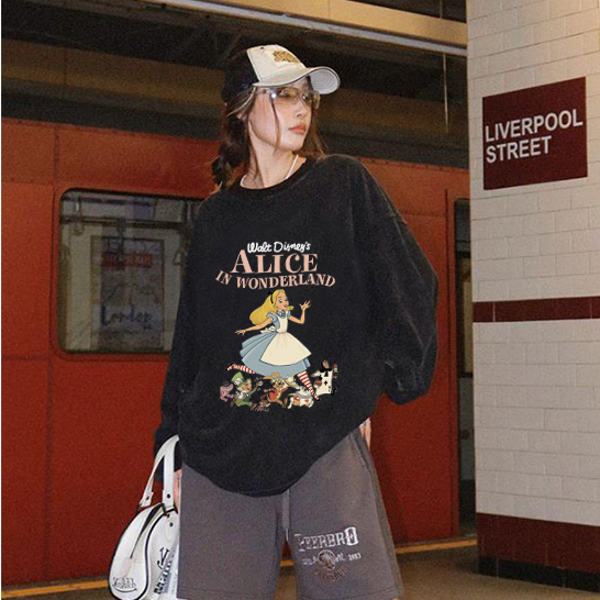 Sweater Oversize Korea Lengan Panjang Cartoon Alice Motif Printed Sweater Crewneck Kekinian Baju Sweater