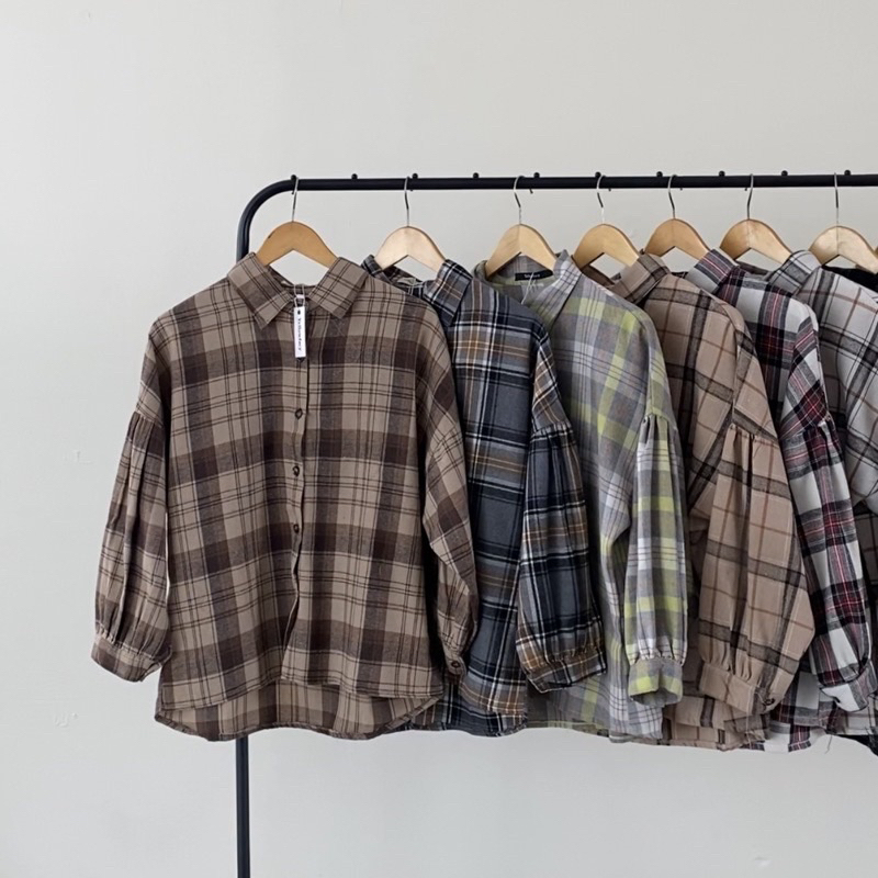kemeja flanel wanita oversize lengan balon korean style kemeja jumbo kemeja tartan kotak kotak bahan