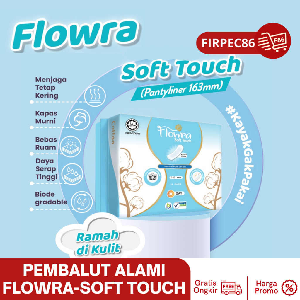 Flowra Soft Touch Panty Liners, Kapas Murni,Lembut,Halus&amp; Extra Kering