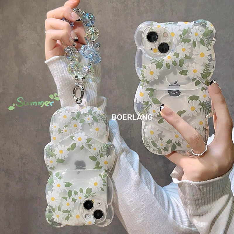 White Flower Bear with Crystal Chain Softcase Casing Case HP Lucu iphone XS XS Max XR 11 Pro Max 12 Pro Max 13 Pro Max 14 Pro Max