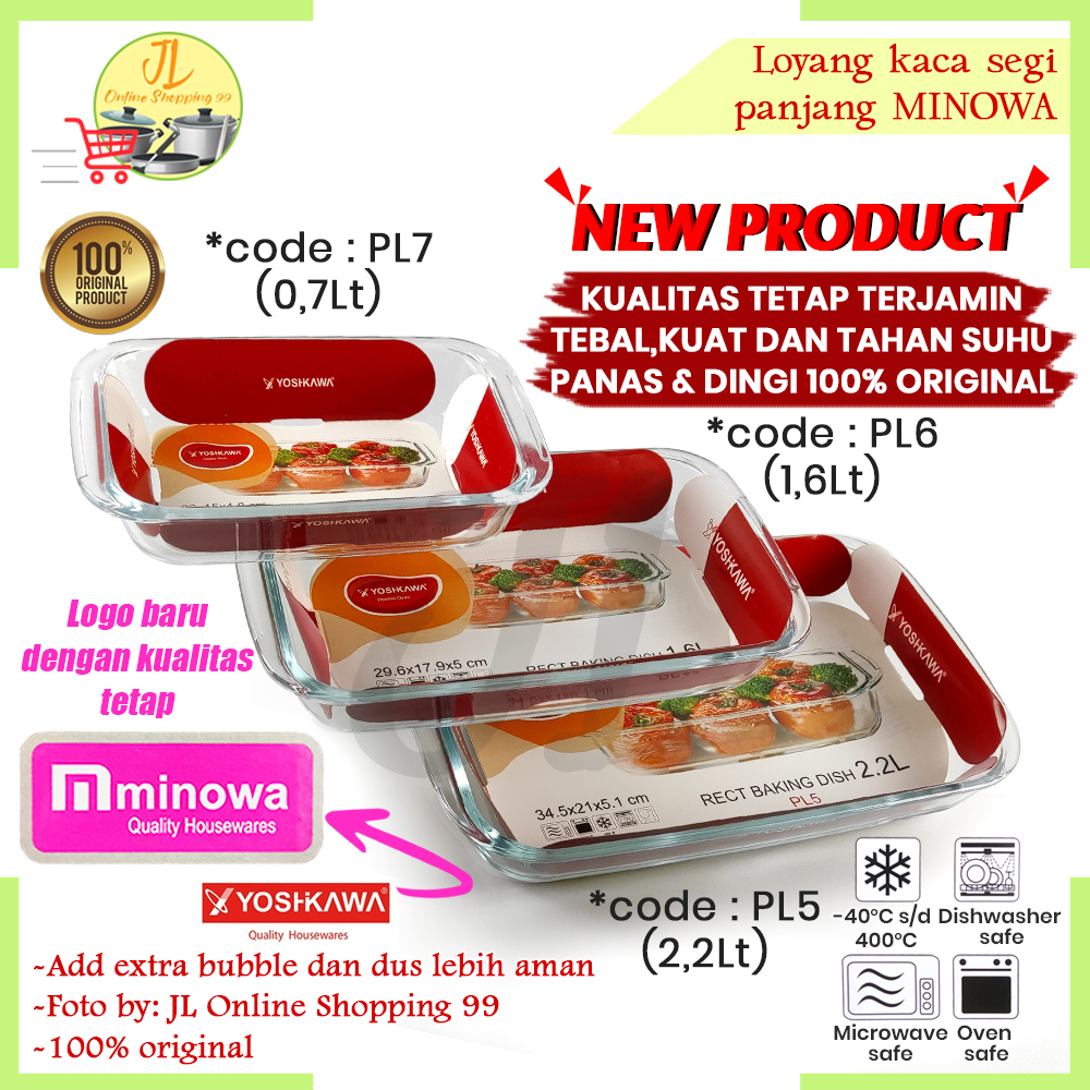 Loyang kaca saji segi panjang tahan panas MINOWA / wadah saji makanan prasmanan