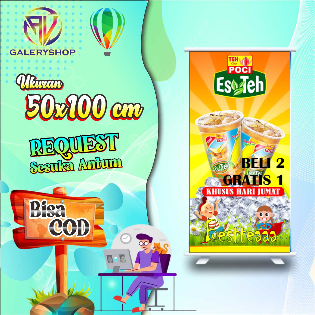 spanduk banner jualan es teh poci dll. ukuran 50x100