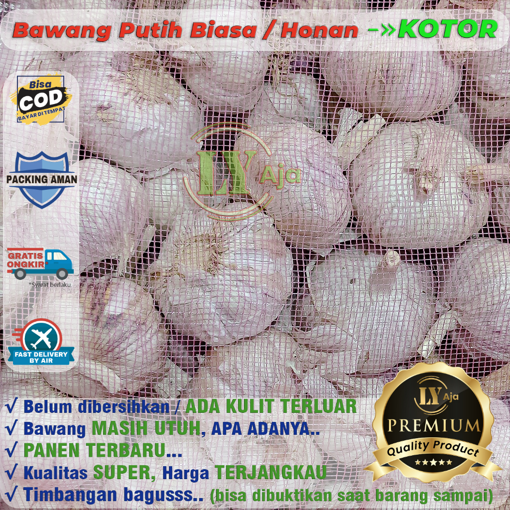 Bawang Putih Biasa Honan 1 KG BERSIH dan KOTOR Kualitas Super LY Aja 1Kg