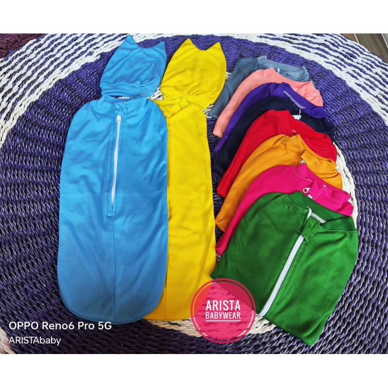 Bedong instan bayi+topi warna polos, resleting depan praktis