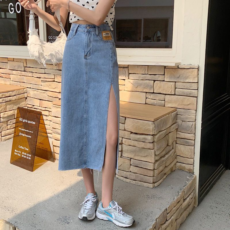 Biru/hitam new Rok denim split gaya Korea rok a-line wanita berpinggang tinggi sedang untuk menutupi rok pinggul selangkangan