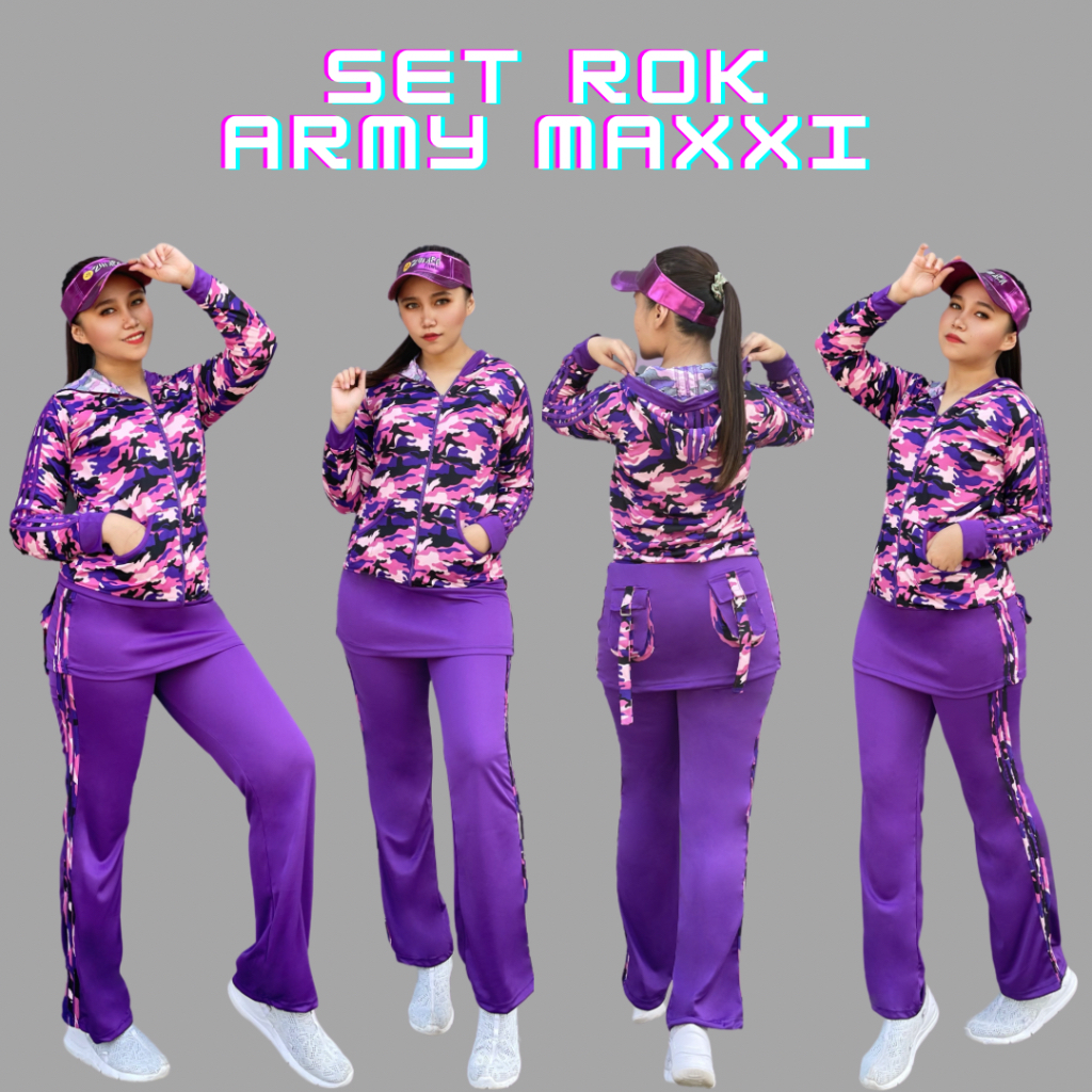 Setelan Baju Senam Olahraga Panjang Muslim Hijab Army Rok Ungu