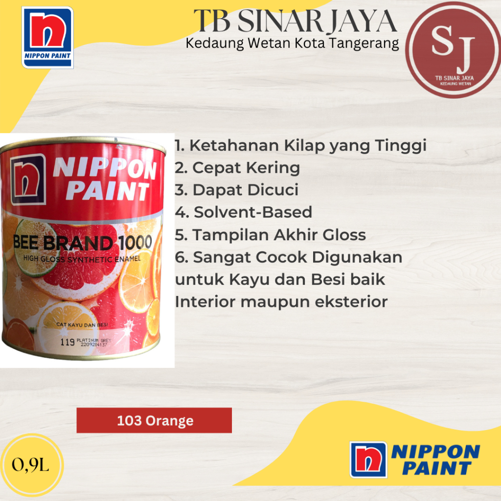 Cat Kayu dan Besi BEE BRAND 1000 Nippon Paint Cat Minyak 0.9L - 103 Orange